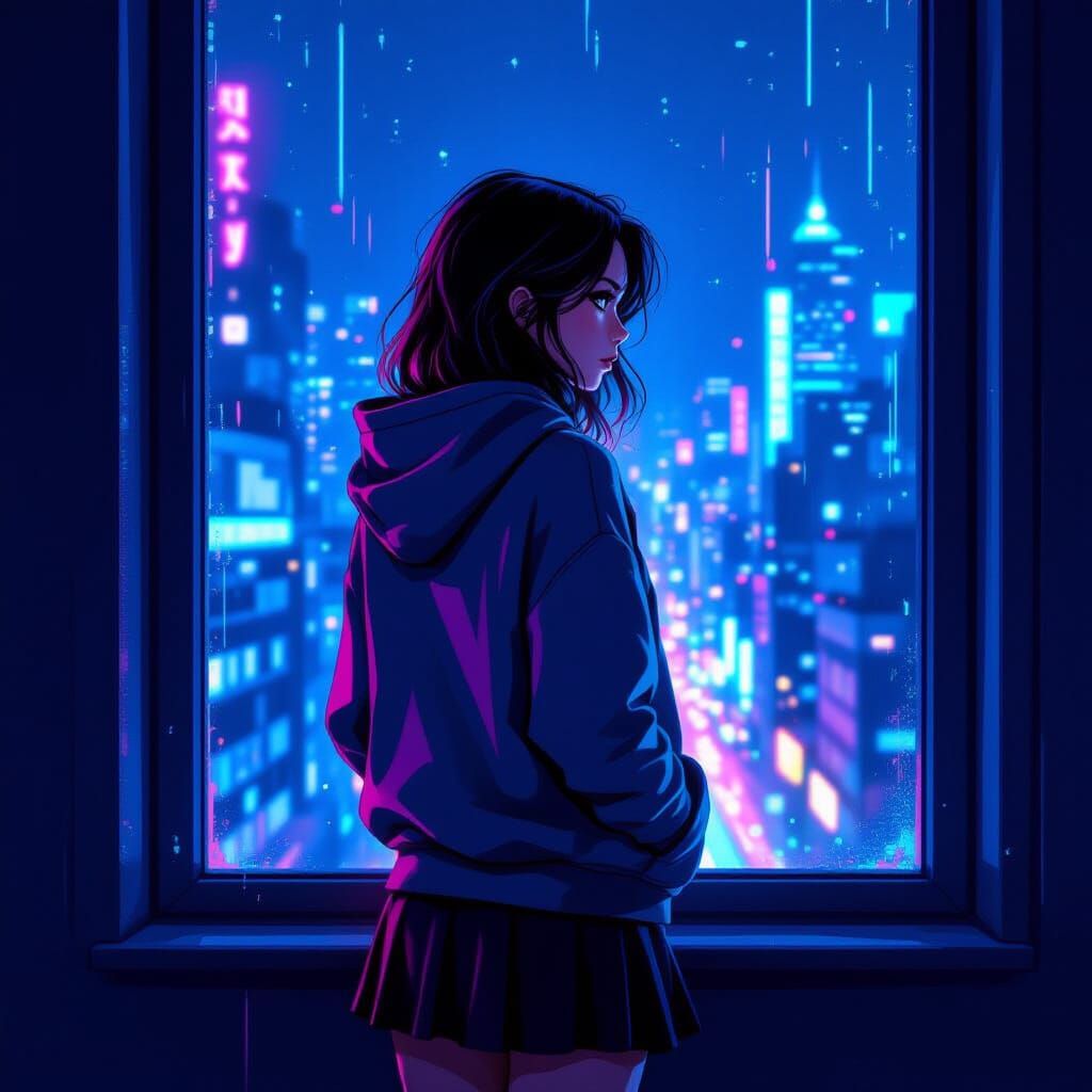 Girl Gazes Out Window Into Futuristic Cyberpunk Future