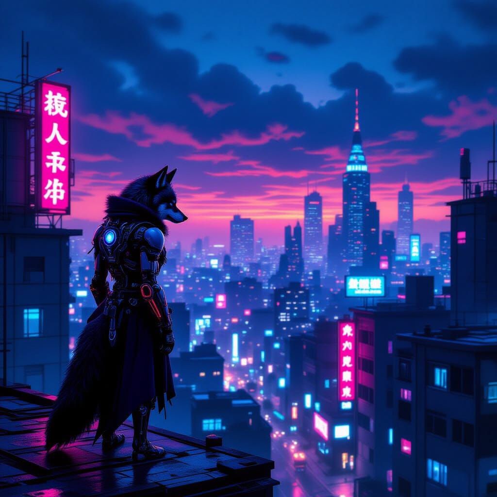 Biomechanical Wolf Overlooks Neon-Lit Cityscape