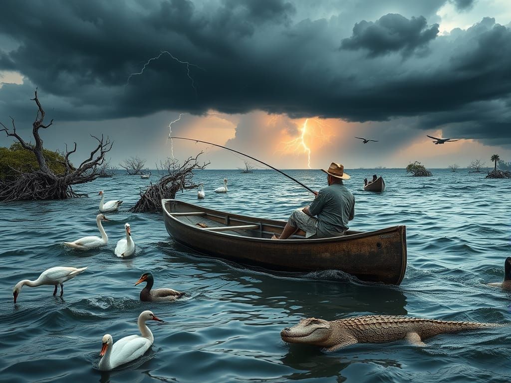 Everglades Fisherman in Stormy Weather