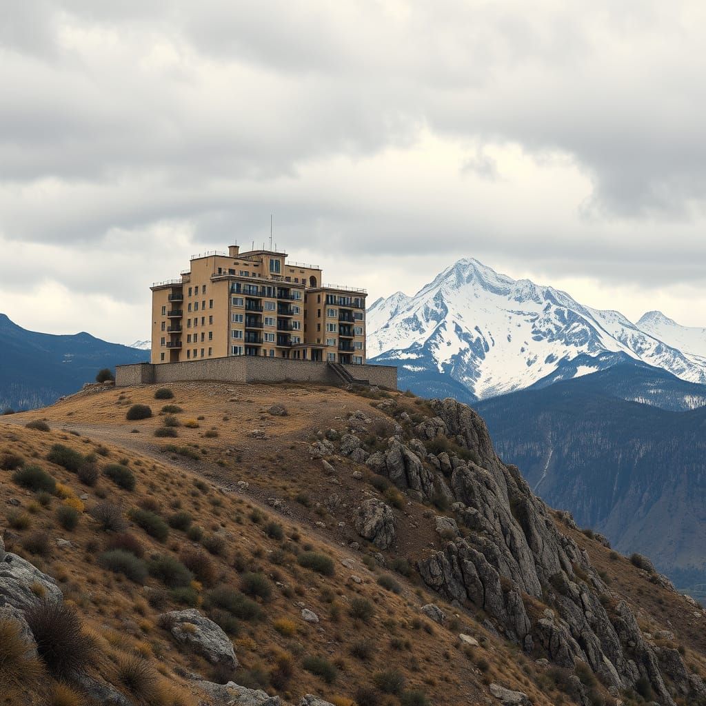 Isolated, Multi-Story Building on Rocky Hillside, Under Grey...