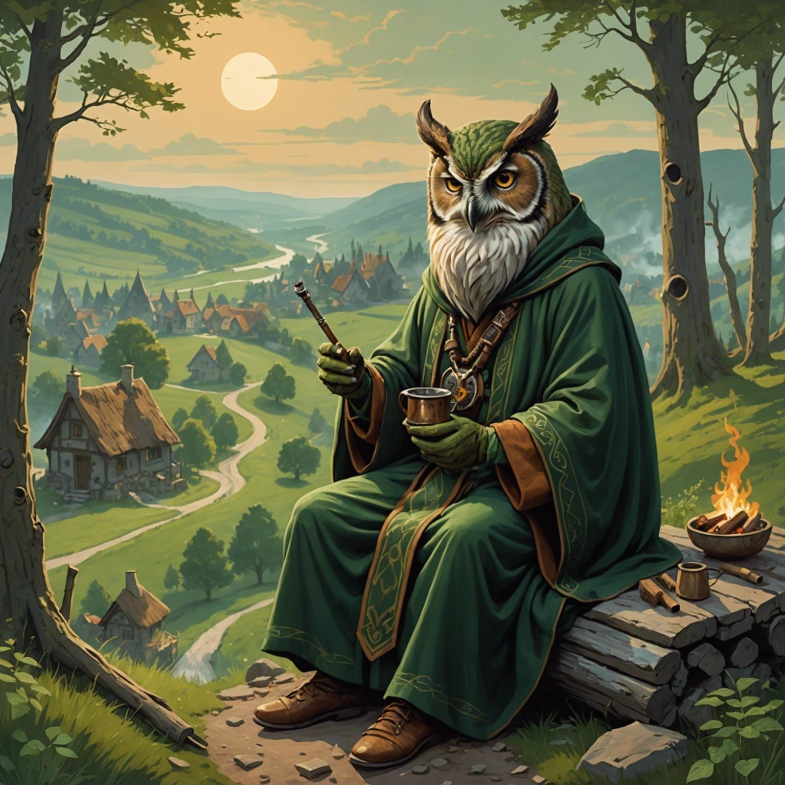 Owl-Folk Druid Smoking Pipe Overlooking Village