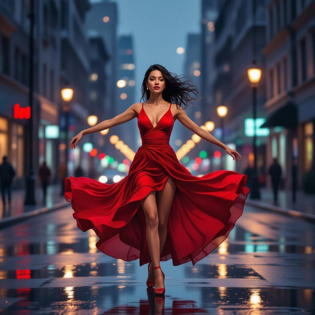Female Dancer in Red Dress on Wet City Street at Night