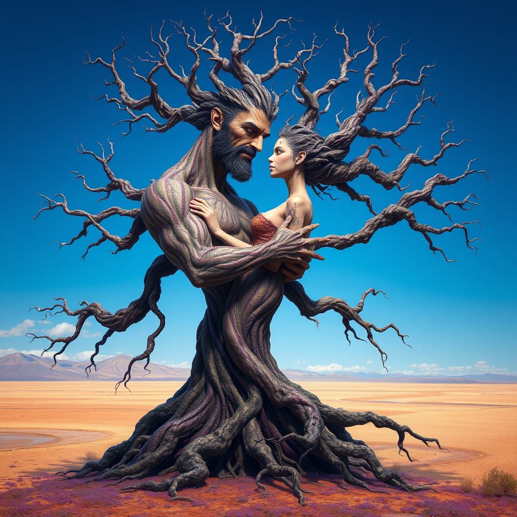 A cinematic medium shot of a surreal scene where a male and ...