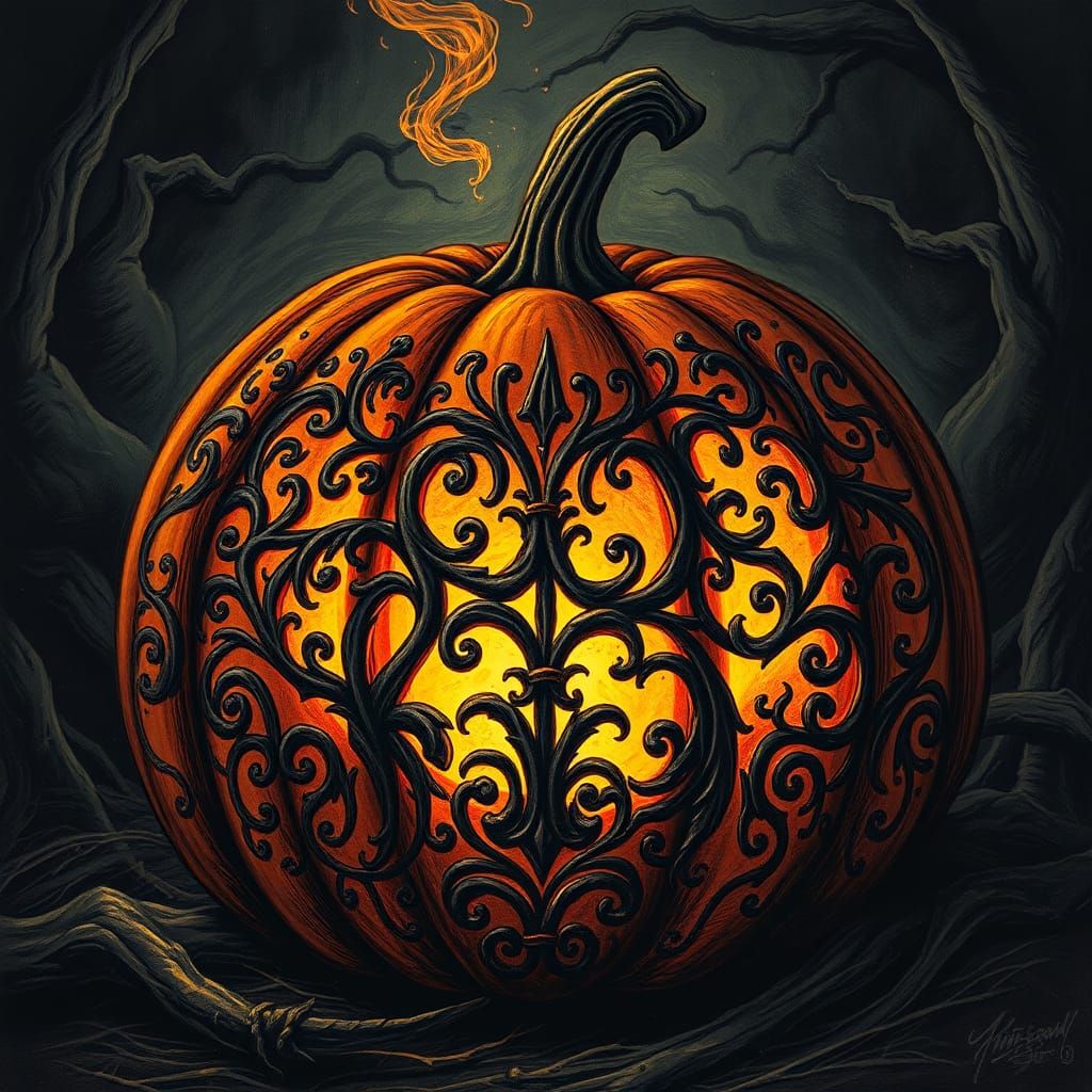 Ornate Halloween Pumpkin with Fiery Glow