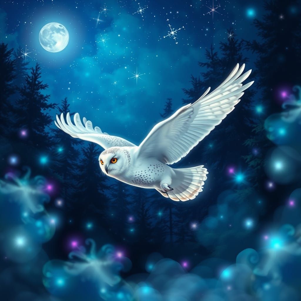 Majestic White Owl in Ethereal Nighttime Forest