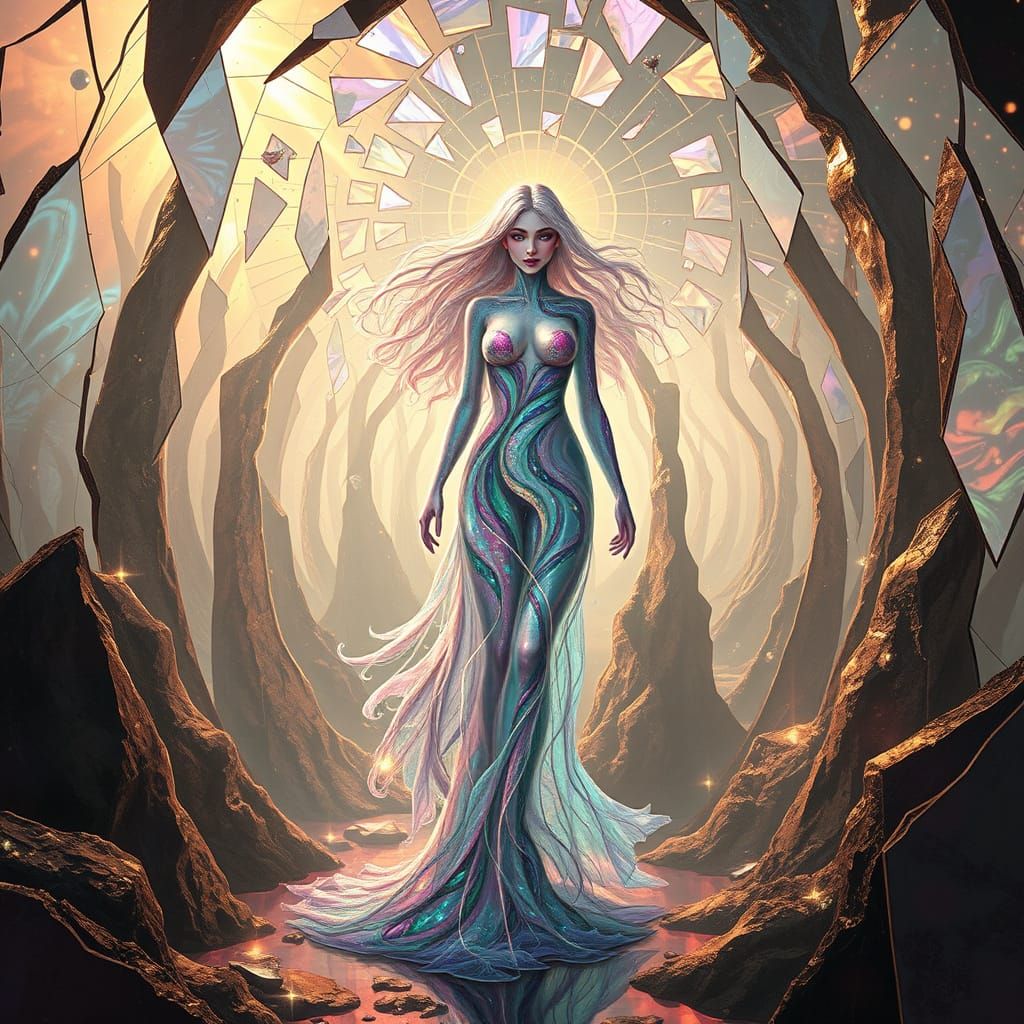 Surreal Goddess in Liquid Opal Elegance, Evoking Klimt's Whi...