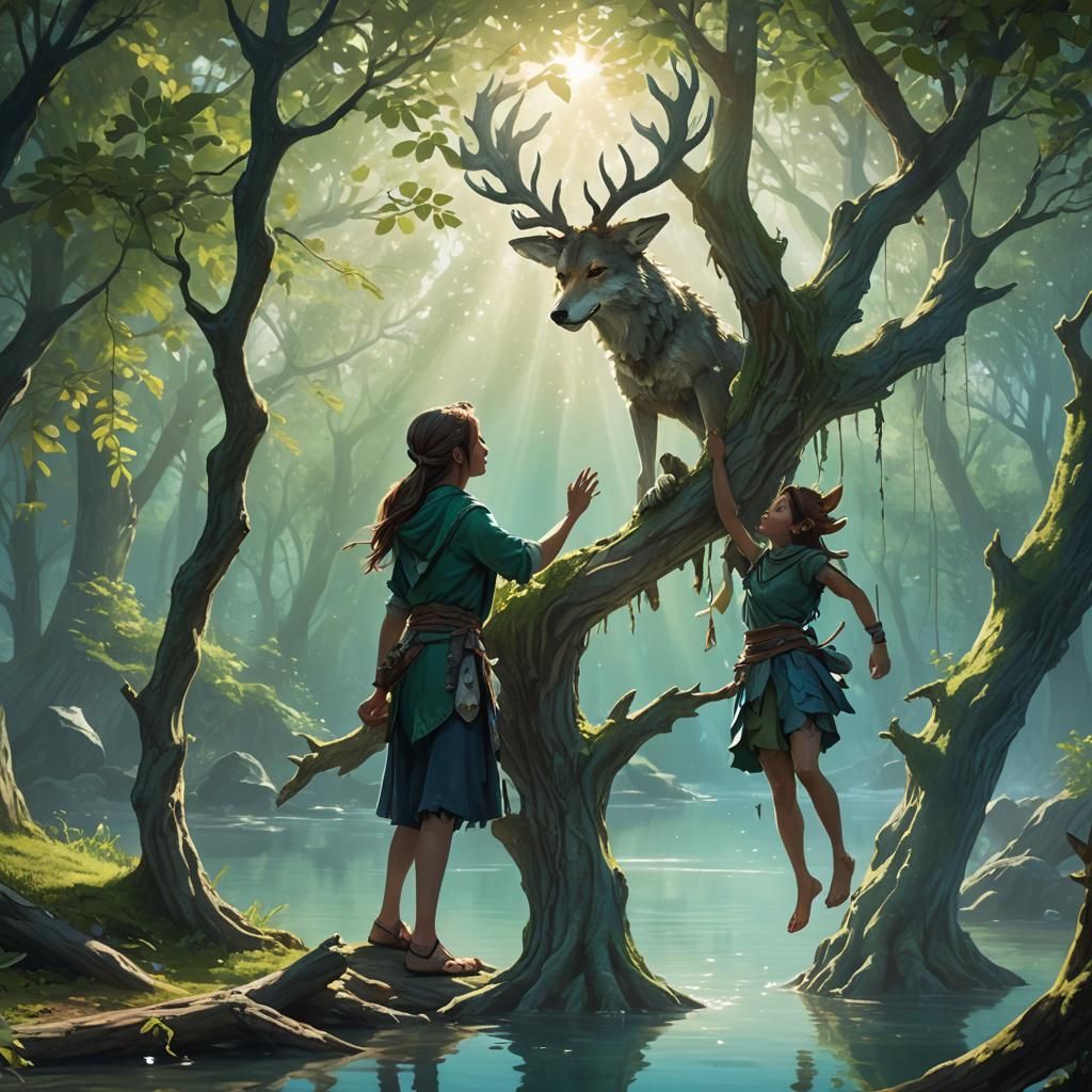 Girl with Wolf Ears Climbing Tree: Fantasy Art