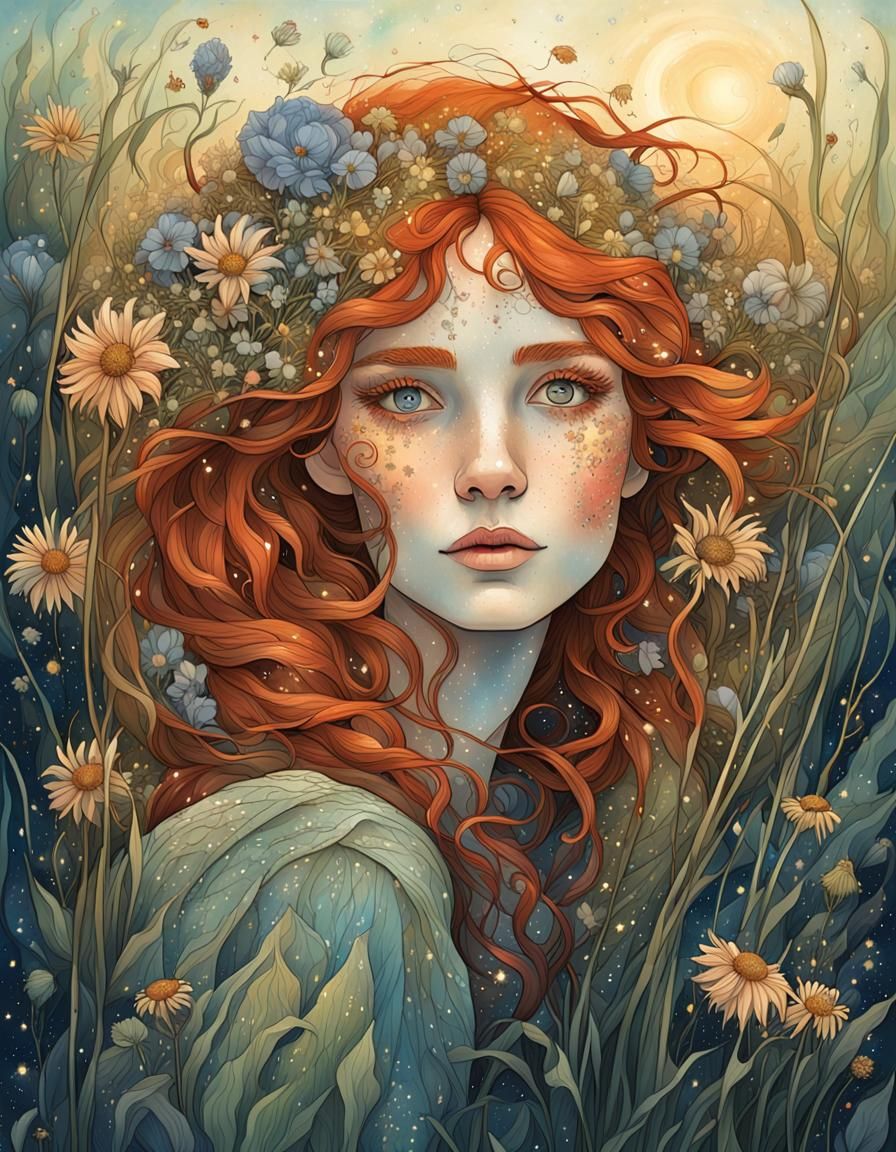 Redhead Nymph Portrait in Art Nouveau Style