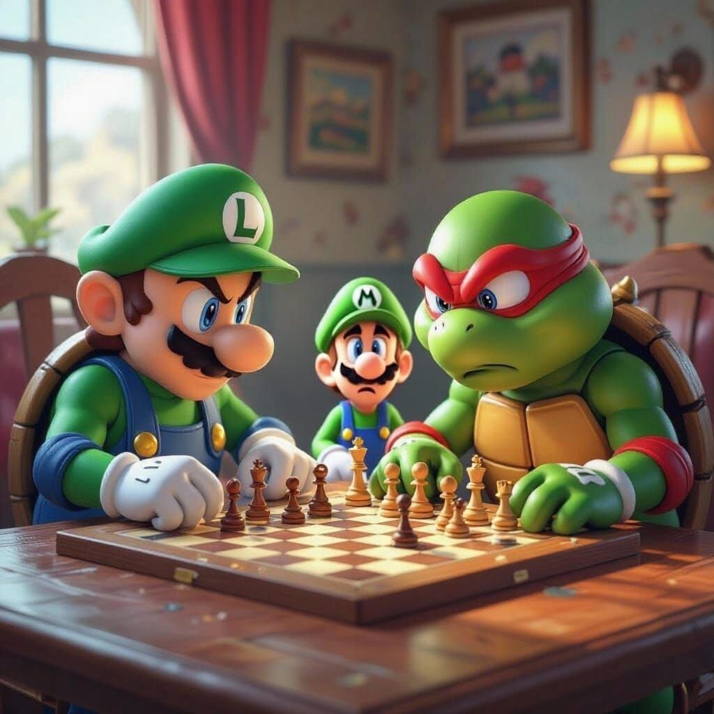 Mario and Donatello Play Chess in Vibrant Cartoon Style