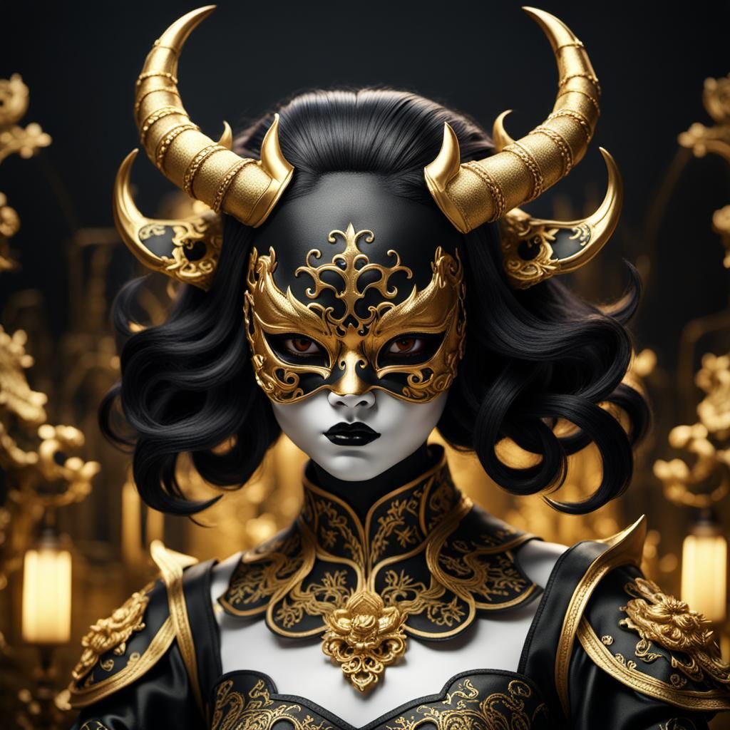 Six-Armed Porcelain Doll in Gold and Black