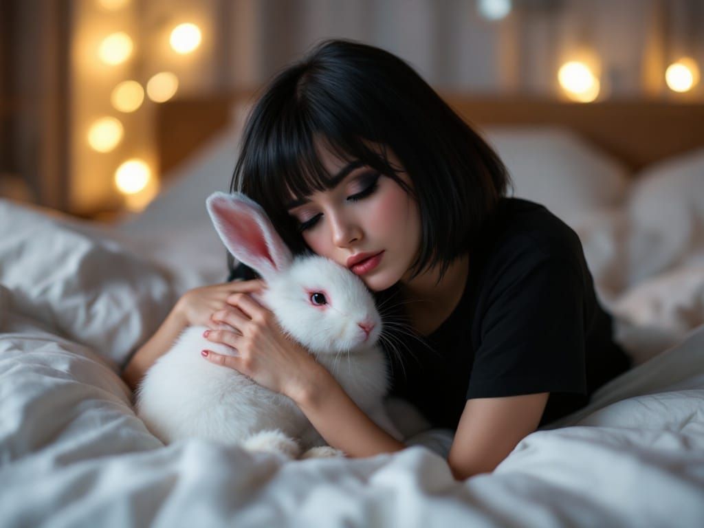 Woman in Cyberpunk Bedroom Cuddles White Rabbit