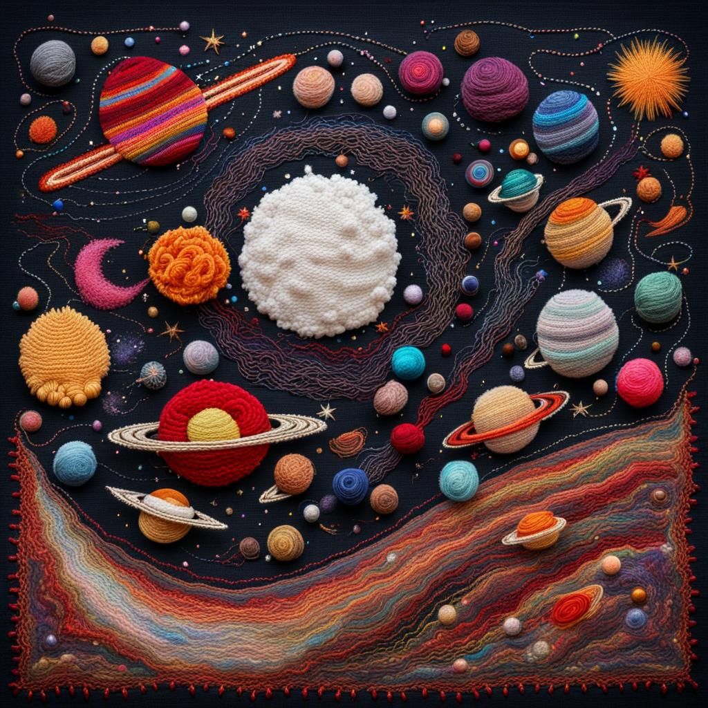 Silk Embroidery: Space Scene with UFOs and Planets