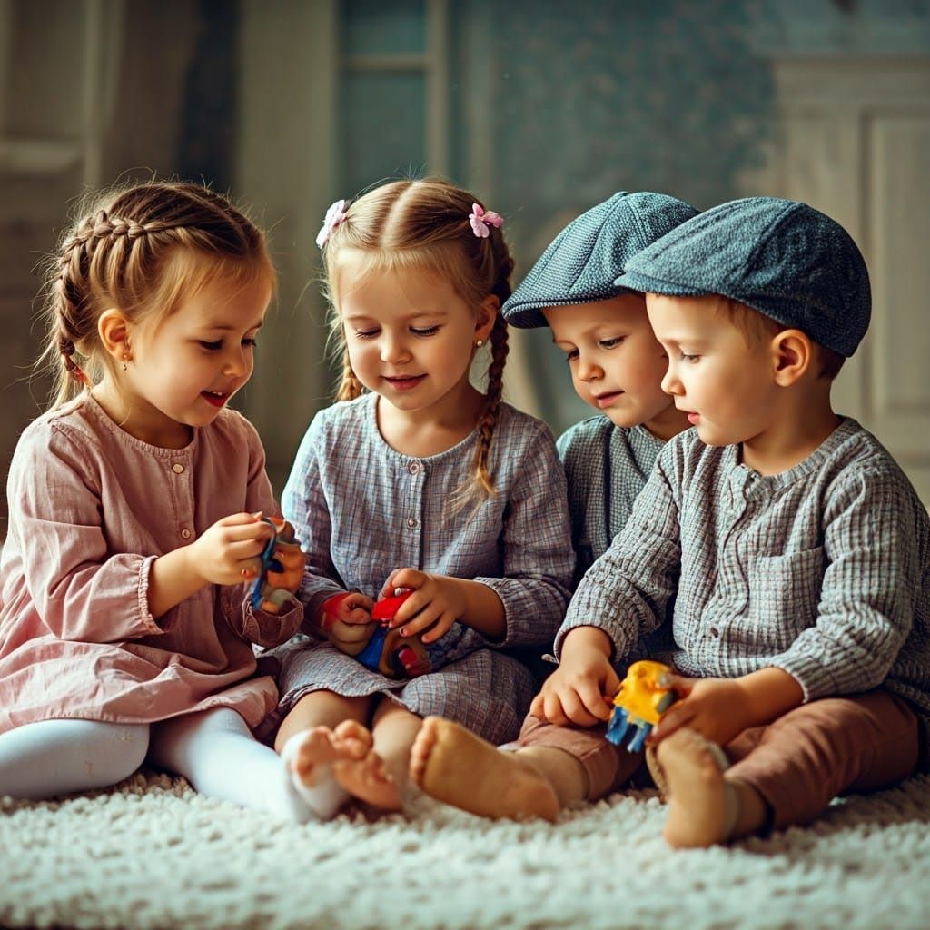 Innocent Children Play with Dolls: Cinematic Film Still