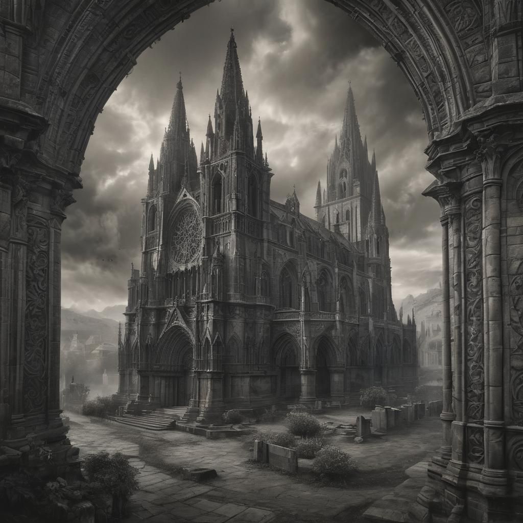Realistic Medieval Cathedral Drawing in Charcoal