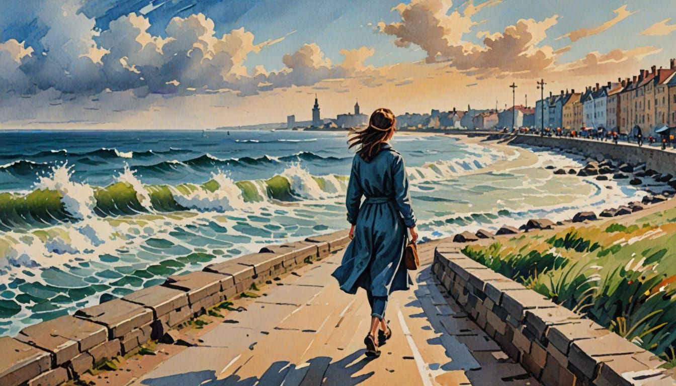 Girl Walking on Embankment, Epic Impressionist Masterpiece