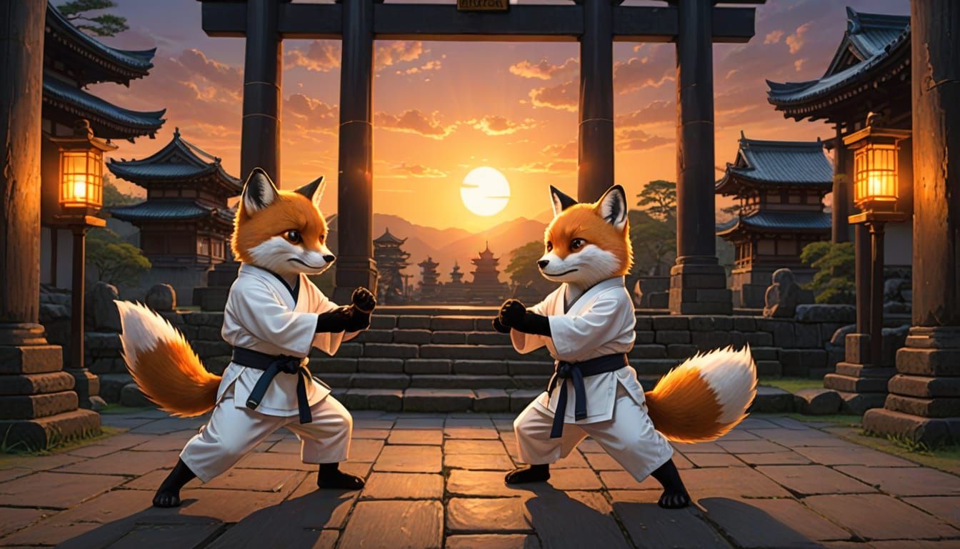 Fox Karate Masters in Ancient Temple Ruins