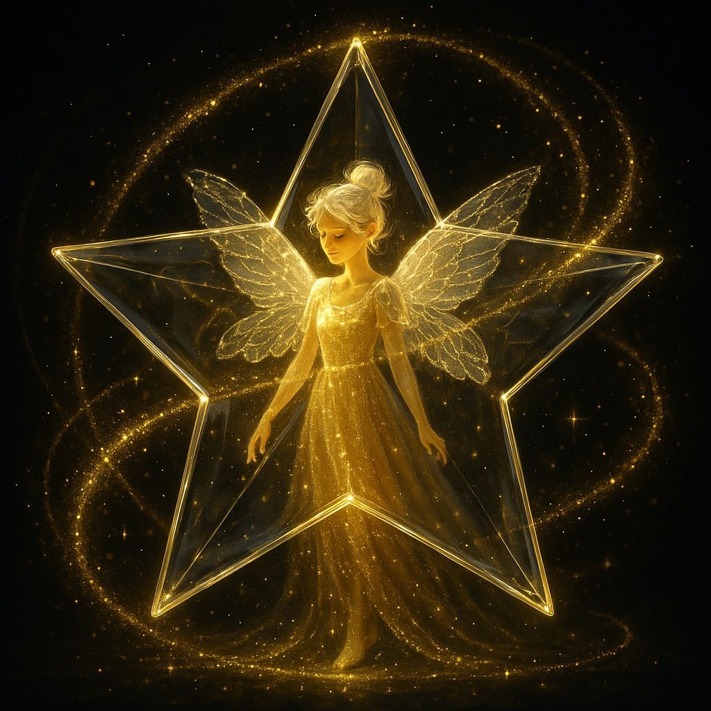 A huge clear glass star with a gold glow, inside the star is a realistic glowing angel with intricate transparent sparkl...