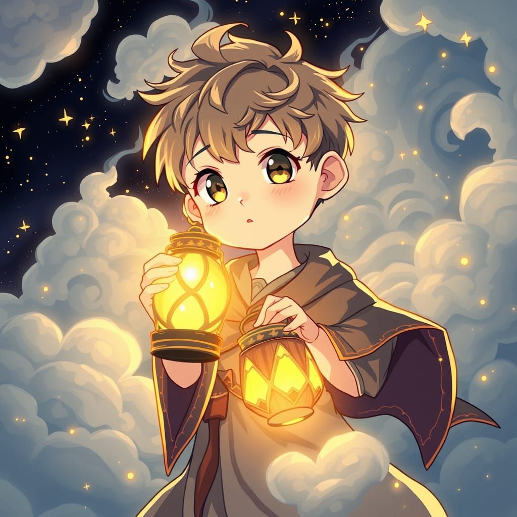 Ethereal Young Man with Lantern in Starry Sky