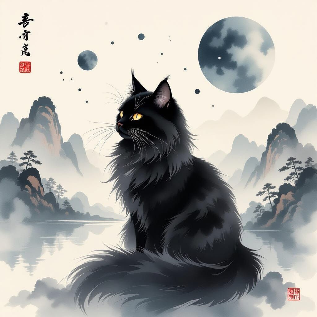 Chinese Watercolor Black Cat with Ink Celestial Patterns
