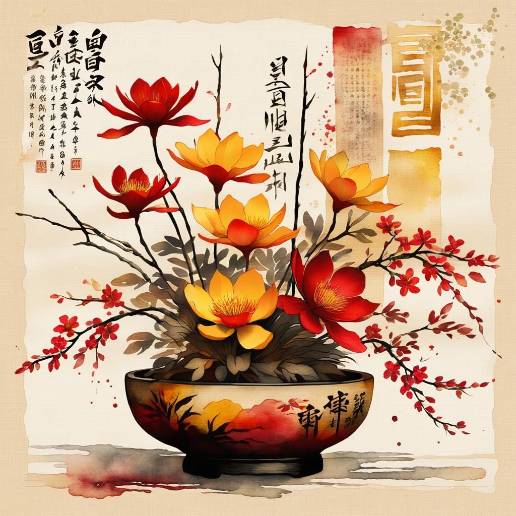 Vibrant Ikebana Floral Arrangement in Fantasy Art Style