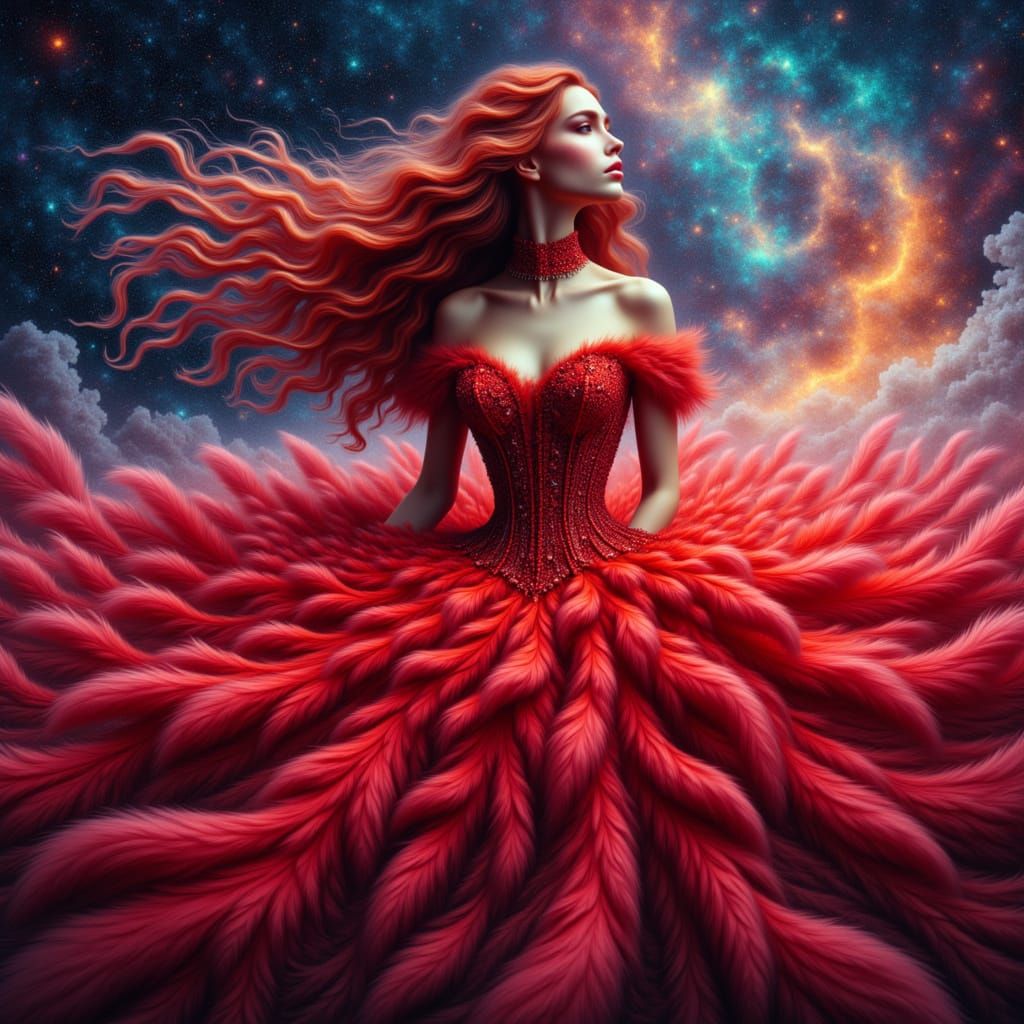 Redhead in Scarlet Gown Drifts Through Cosmic Nebula