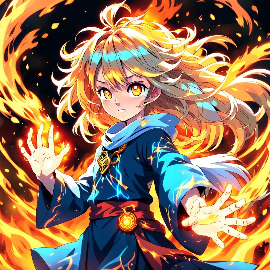 Anime Wizard with Elemental Powers in Manga Style