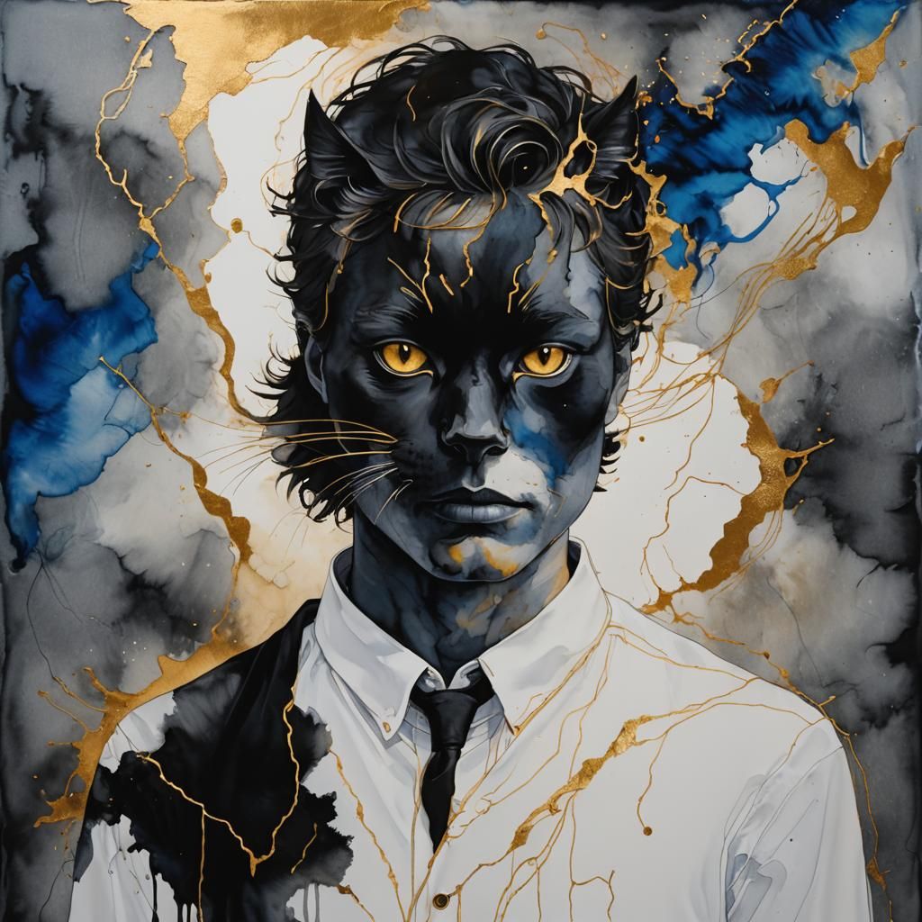 Minimalist Alcohol Ink Portrait in Storm with Gold Accents