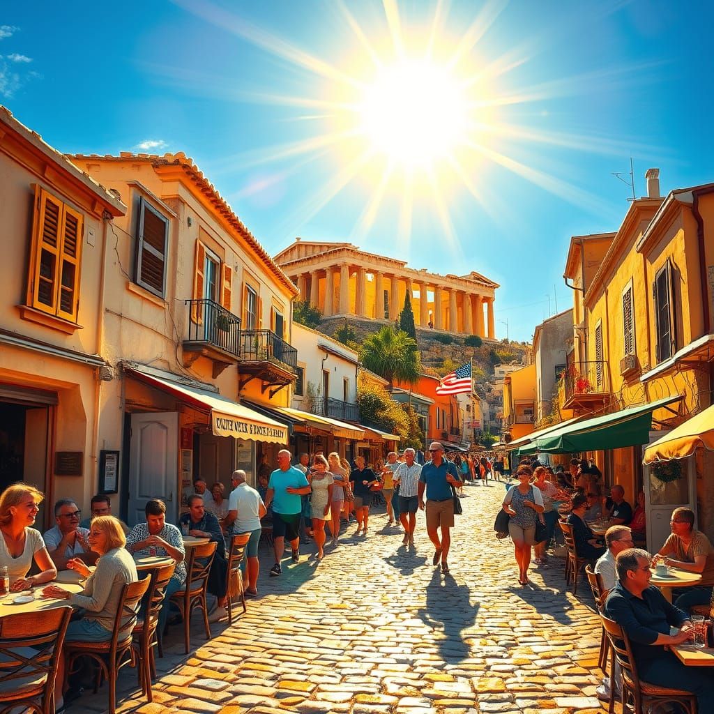 Vibrant Scene of Everyday Life in Plaka, Athens, in Impressi...