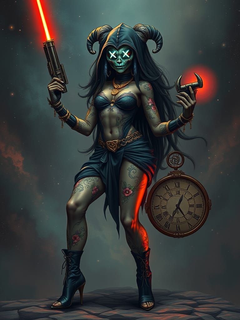 Muscular Alien Barbarian Woman with Laser Gun