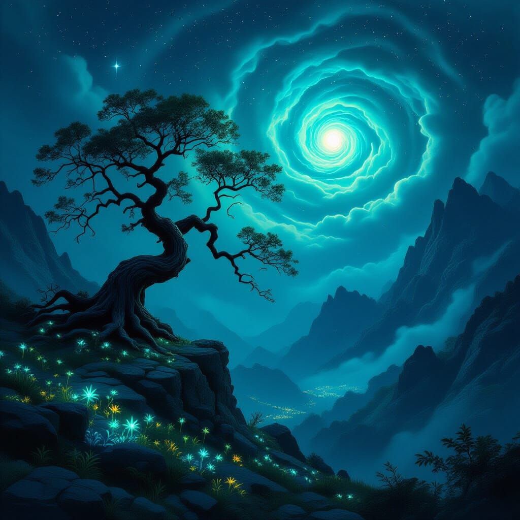 Ancient Tree on Mountain Peak Under Starry Sky