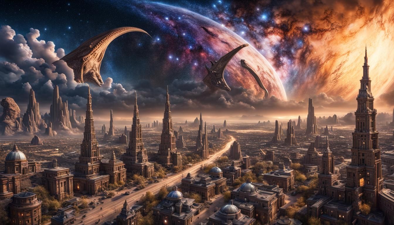Fantasy DinoVille City Under Milky Way, Hyperrealistic