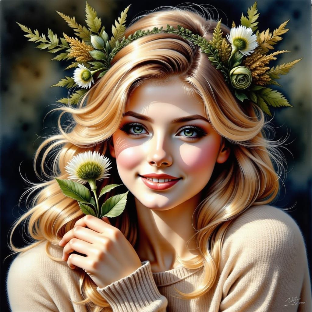 Girl with Floral Wreath in Watercolour Acrylic Style