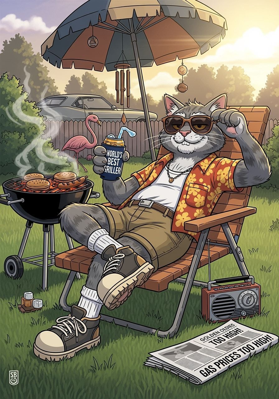 Humorous Illustration of a Boomer Cat Dad Grilling