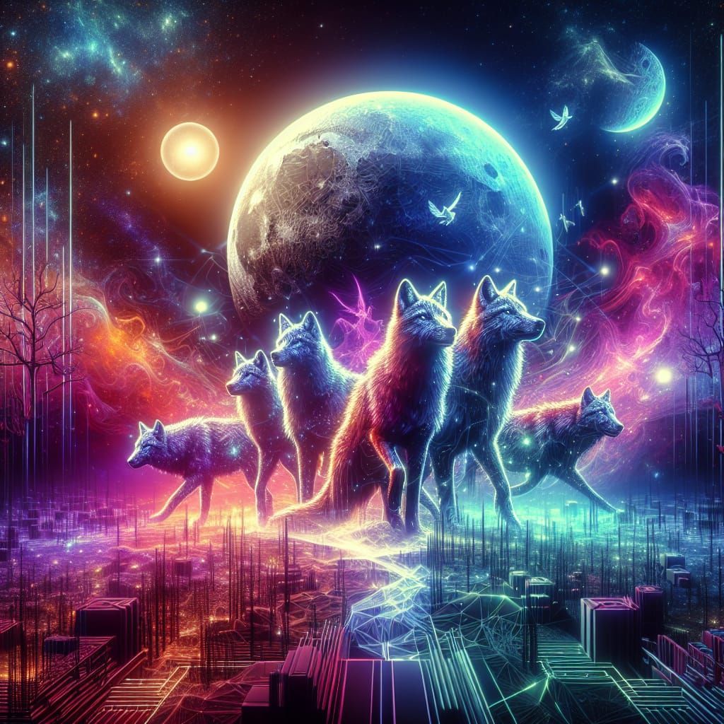 Psychedelic Wolves on the Moon: A Digital Masterpiece