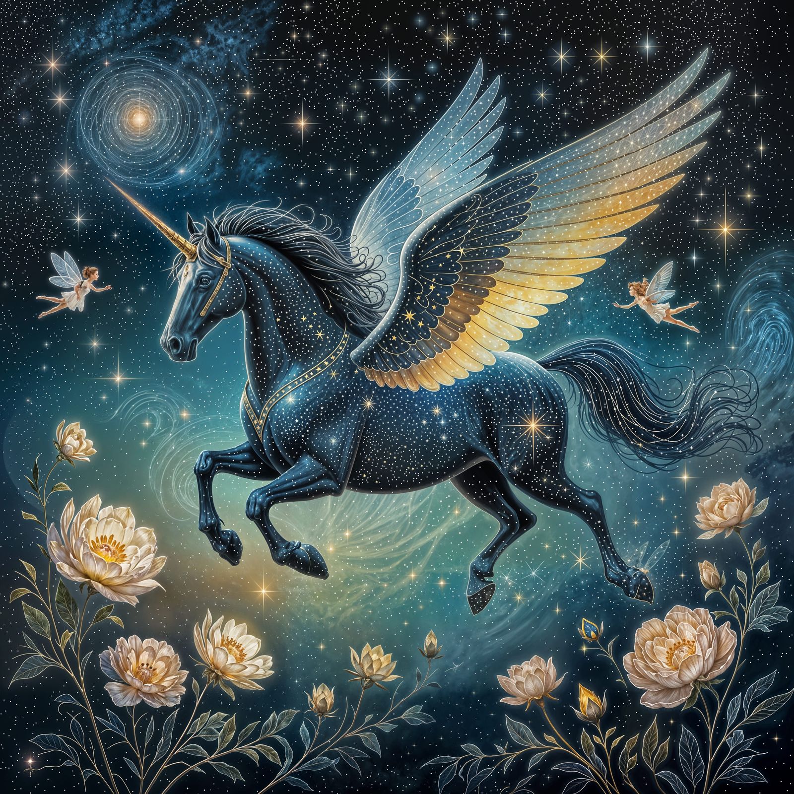 Celestial Winged Horse Amidst Cosmic Flowers