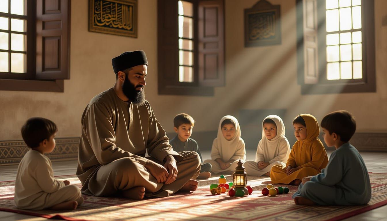 Peaceful Scene in Islamic Orphanage, Matte Painting Style