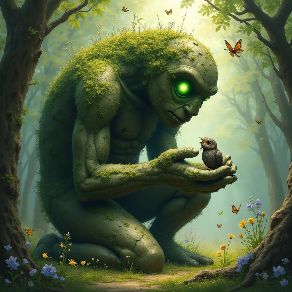 Moss Golem Cradling Bird in Sun-Dappled Forest