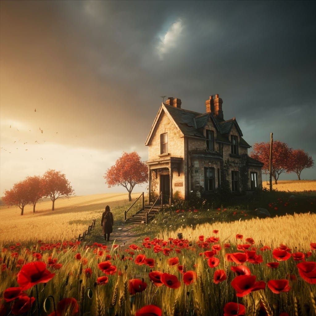 Quaint House in Wheat Field, Watercolor Illustration