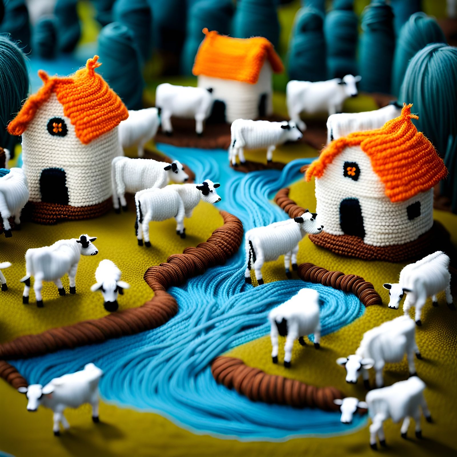 Yarn Village with Waterfall and Cows
