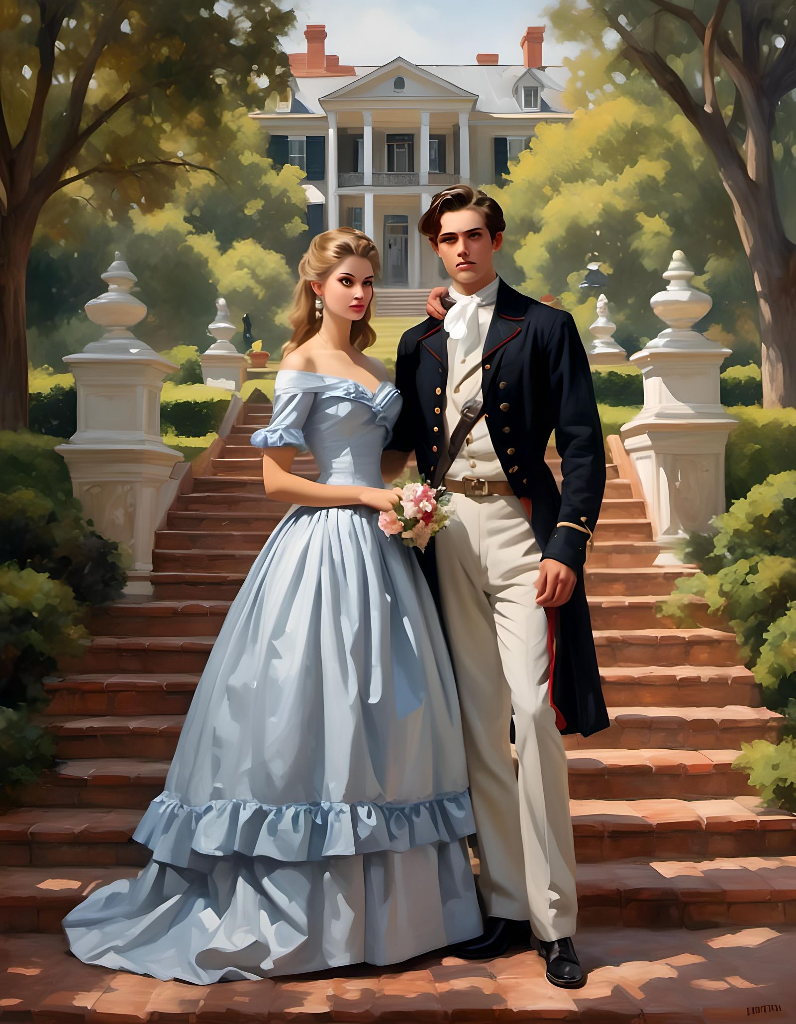 Confederate Soldier and Southern Belle in Garden