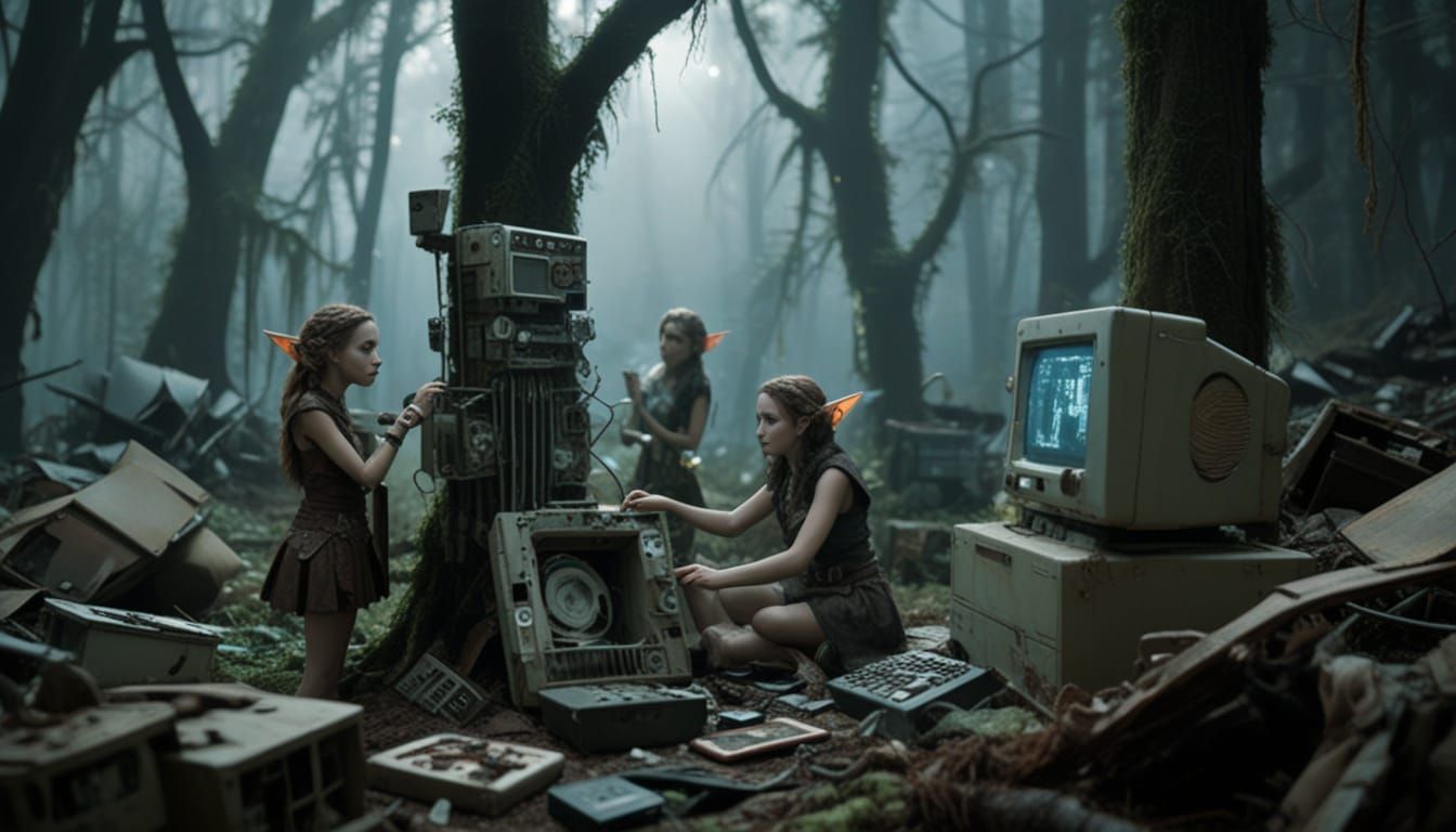 Elf Women Forage in Decaying Forest of Rusted Tech