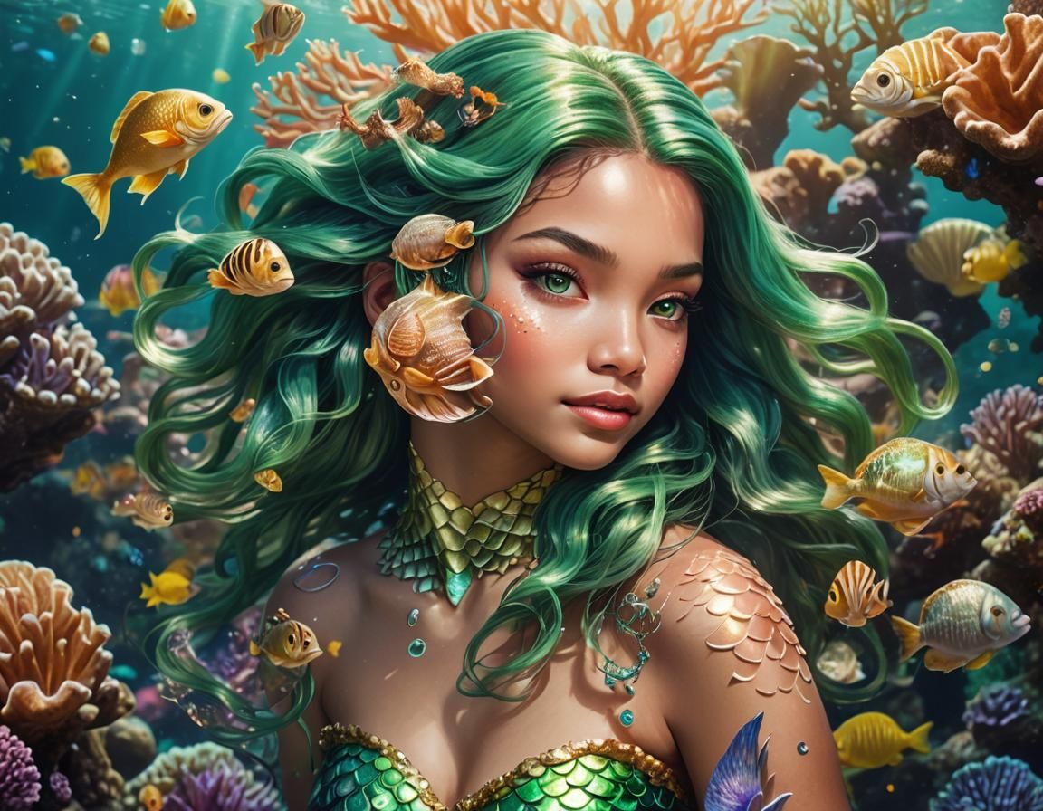 Underwater Mermaid Portrait with Coral Reef