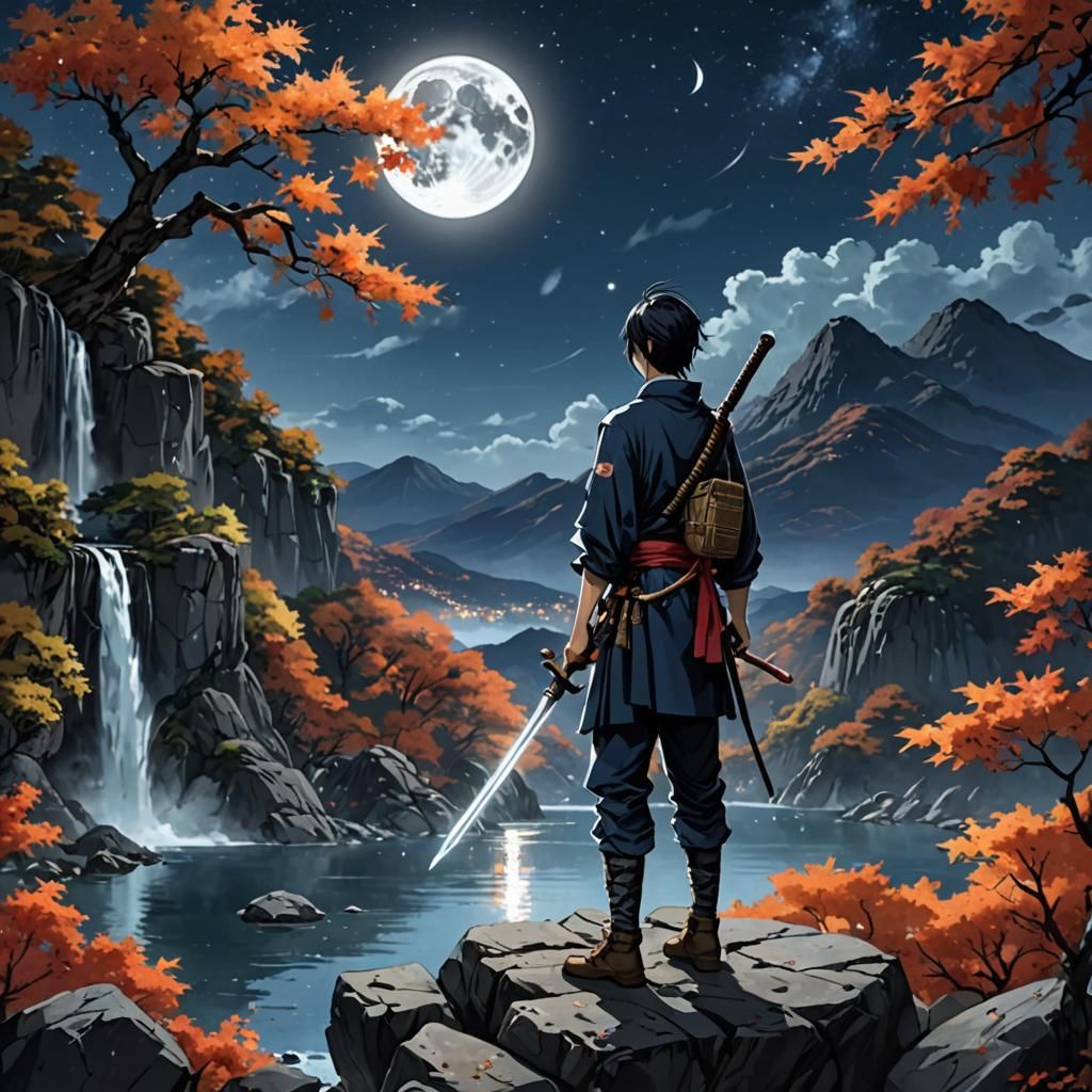 Moonlit Mountain Lake with Lone Swordsman