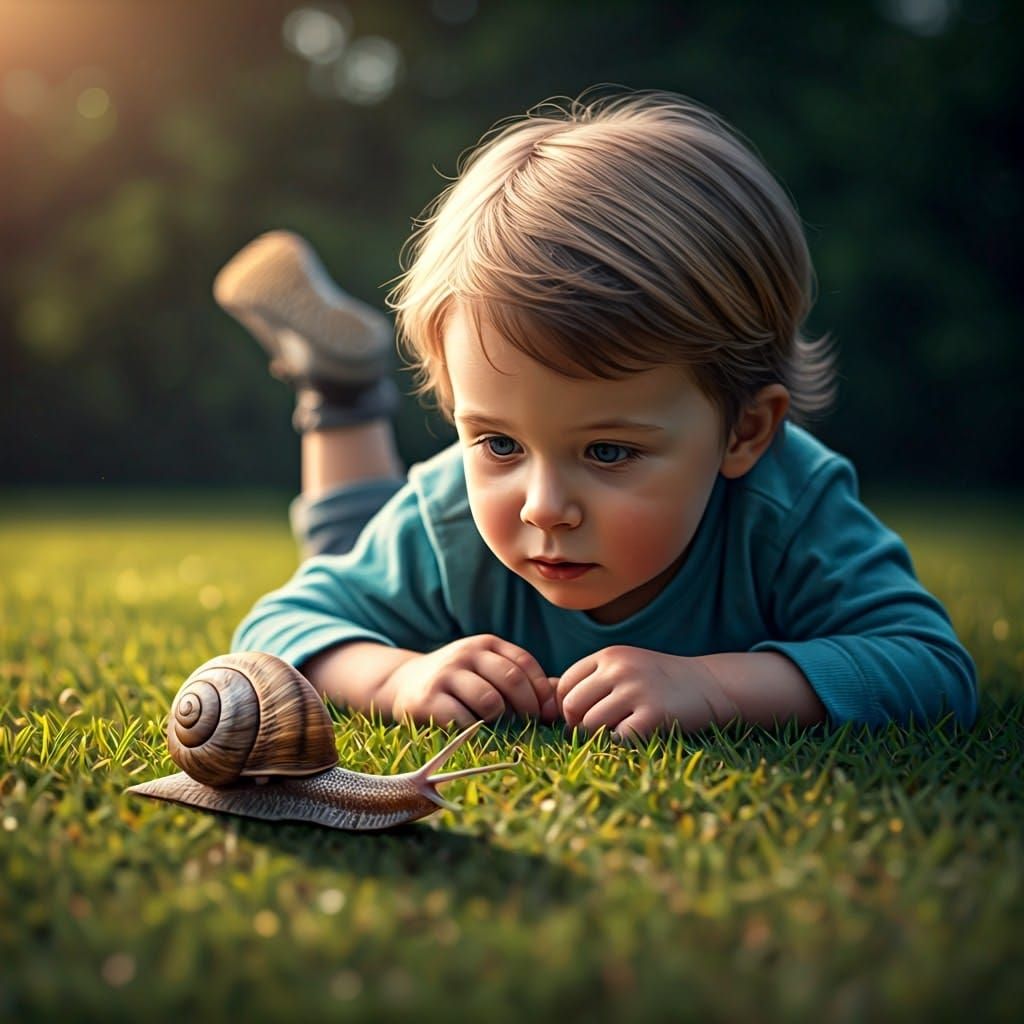Hyperrealistic Child and Snail in Motion