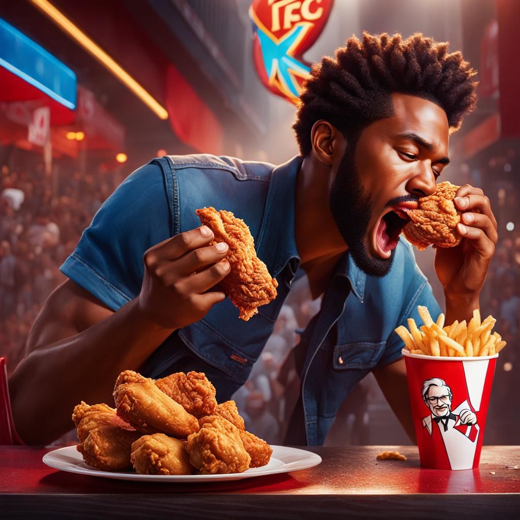 Hyperrealistic Man Enjoys Kentucky Fried Chicken