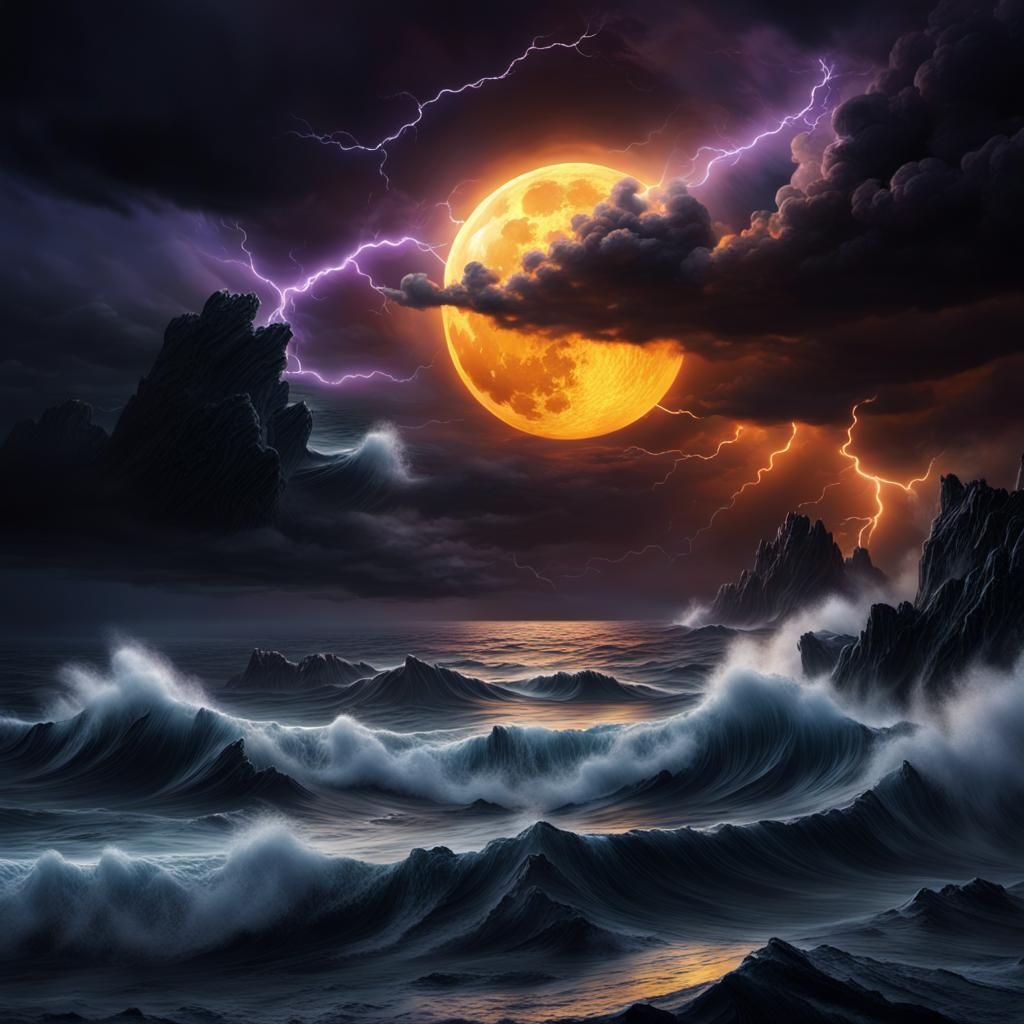 Black Moon Over Stormy Sea: Dark Fantasy Matte Painting