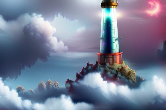Crystal Lighthouse on Clouds in Detailed Digital Art