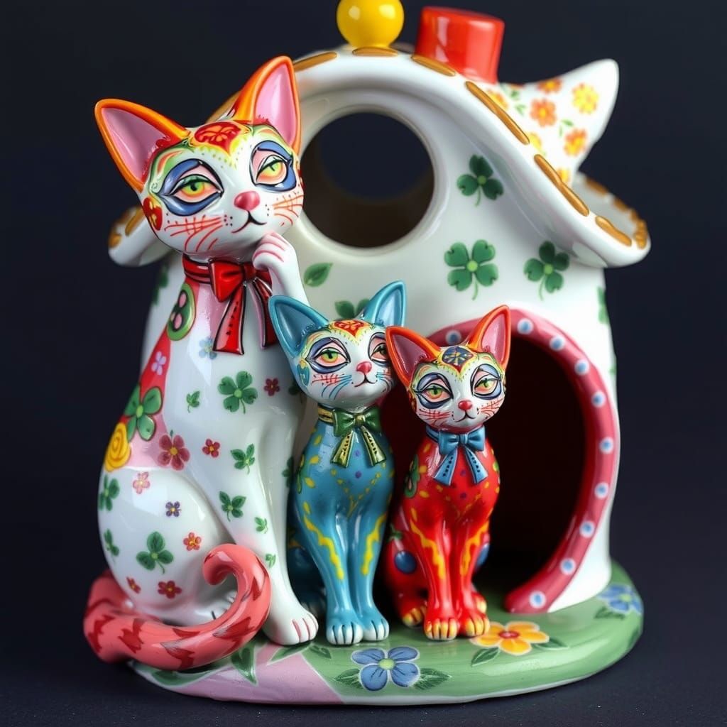 Porcelain Cat House with Colorful Cats