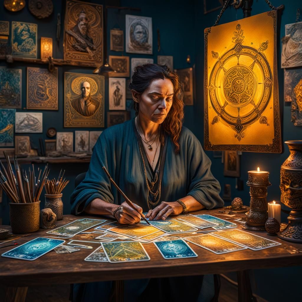 Hyperrealistic Artist Designing Tarot Cards