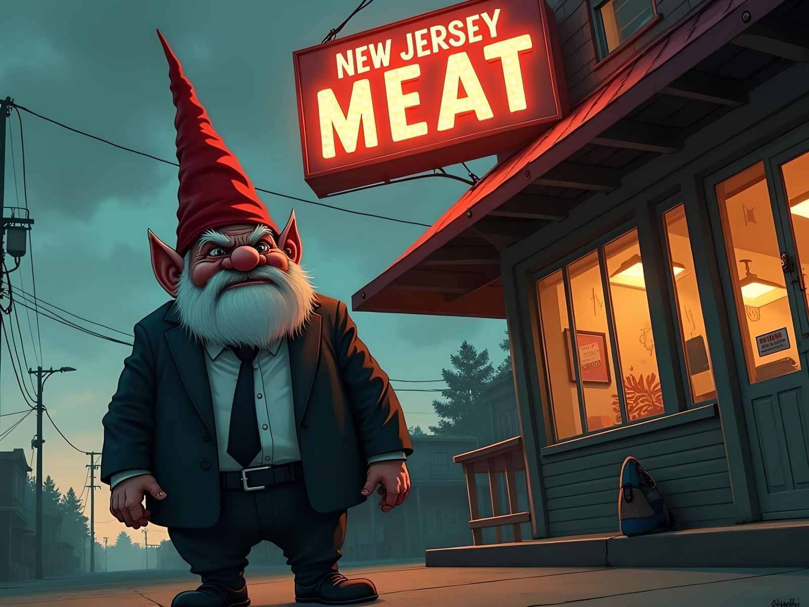 Sinister Gnome in Mafia Attire, Greg Rutkowski Style